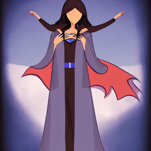 Image similar to a confident mage woman with long blue cape and brown flowing hair!! disovering a graveyard of dreams, inside a futuristic portal!!