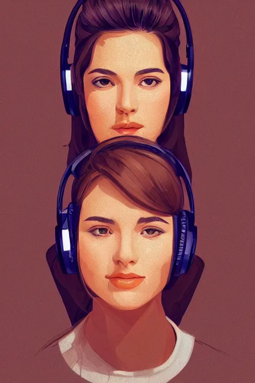 Image similar to portrait georgian girl looking to the right, wearing beats headphones. short brown hair, white jumper. lit from the right side, orange light. centered median photoshop filter cutout vector behance hd artgerm jesper ejsing!