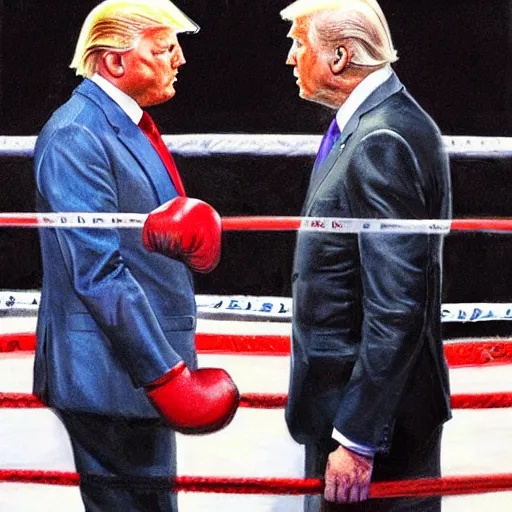 Prompt: donald trump and joe biden facing off in a boxing ring, by jon mcnaughton