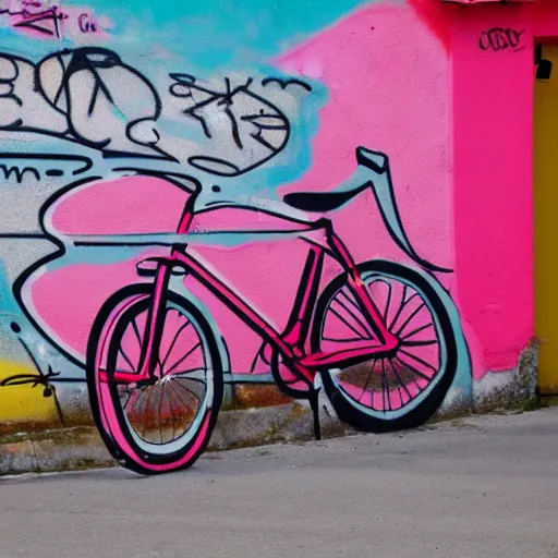 Prompt: a bicycle and a surfboard, pink and red, grafitti, street art