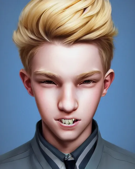 Prompt: portrait of 1 5 - year - old boy with blonde hair, round - face, with slightly buck - toothed, hyper realistic face, beautiful eyes, character art, art by artgerm lau and wlop and and ilya kuvshinov and john singer sargent, hyperdetailed, symmetrical, cryengine, trending on artstation, digital art