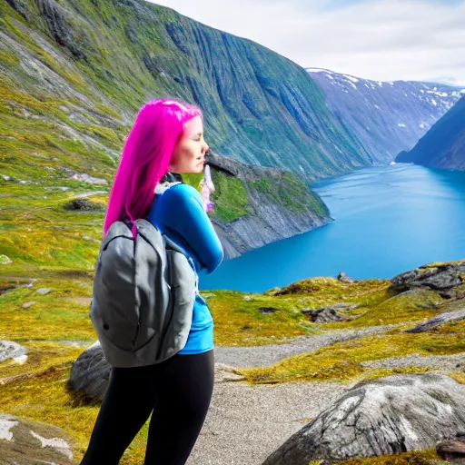 Image similar to a young woman with long pink hair looking at fjords, hiking clothes, tank top, backpack, norway, fjords in background, cinematic, beautiful, stunning, day time, epic, 8 k, 1 6 : 9