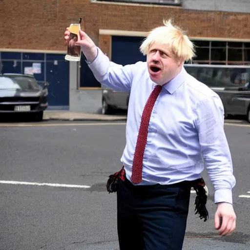 Image similar to boris johnson wearing a kilt, drinking beer and dancing on a parking lot next to a car