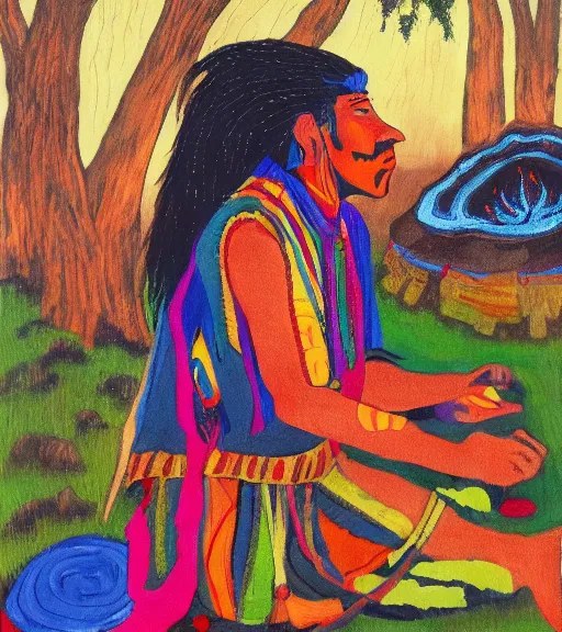 Image similar to Painting of a shaman dressed in a colorful traditional clothes. He is sitting in a forest next to a campfire, singing