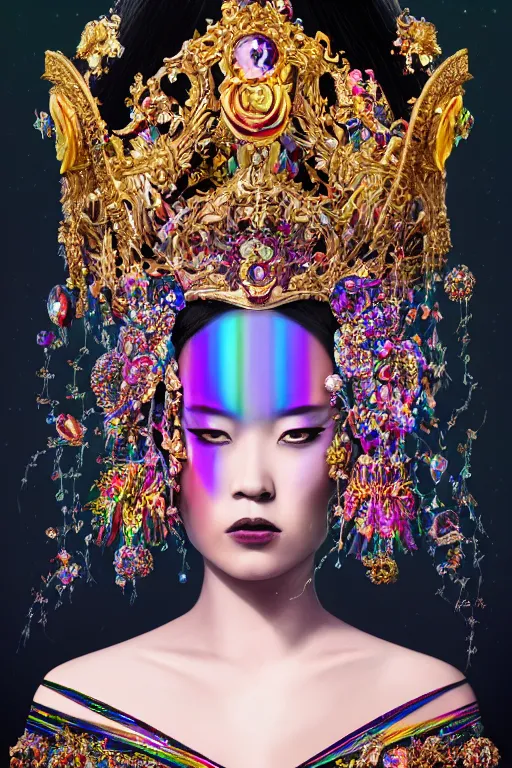 Image similar to a singular beautiful empress dramatic portrait, black hair, with a brilliant, impossible striking shiny big multi colored crystal headpiece, symmetrical, reflective surface, rainbow crystal clothes, rococo, baroque, jewels, asian, realistic, dramatic studio lighting, closeup, D&D, fantasy, intricate, elegant, highly detailed, digital painting, artstation, octane render, 8k, concept art, matte, sharp focus, illustration, art by Artgerm and Greg Rutkowski and Alphonse Mucha