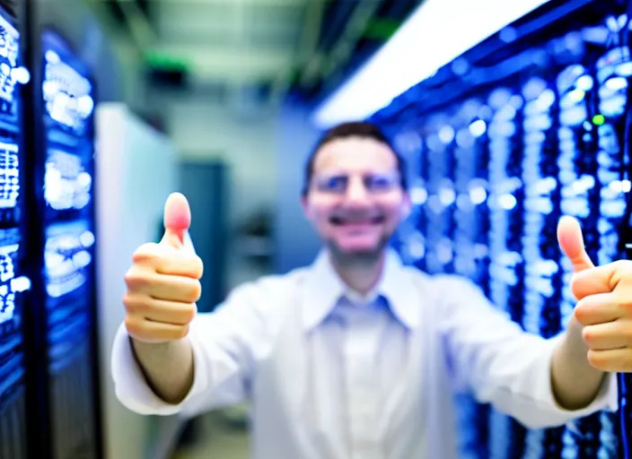 Image similar to A system administrator doing a thumb up to the camera in front on burning servers, servers in flames, happy system administrator doing a thumb up, uncropped, full body