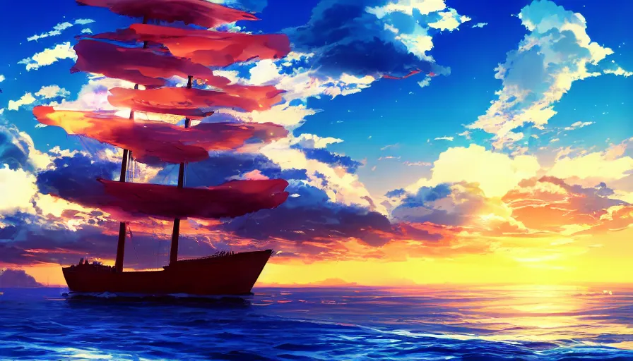 Image similar to one piece ship sailing, dynamic sky, sun sunset, with blue light piercing through clouds, makoto shinkai, royal blue colors, lighting refraction, volumetric lighting, pixiv art, highly detailed, anime art, symmetrical, wlop, anime art