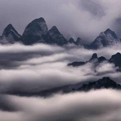 Prompt: Cloudy peaks in southern China, the style of National Geographic magazine