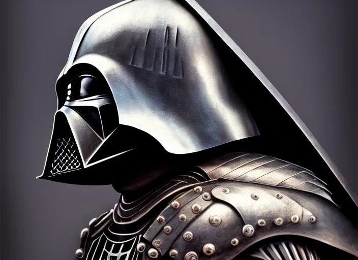 Image similar to portrait shot of silver iron darth vader in medieval knights!!! armor, intricate armor, elegant armor, highly detailed, centered, digital painting, artstation, concept art, smooth, sharp focus, illustration, artgerm, tomasz alen kopera, peter mohrbacher, donato giancola, joseph christian leyendecker, wlop, boris vallejo