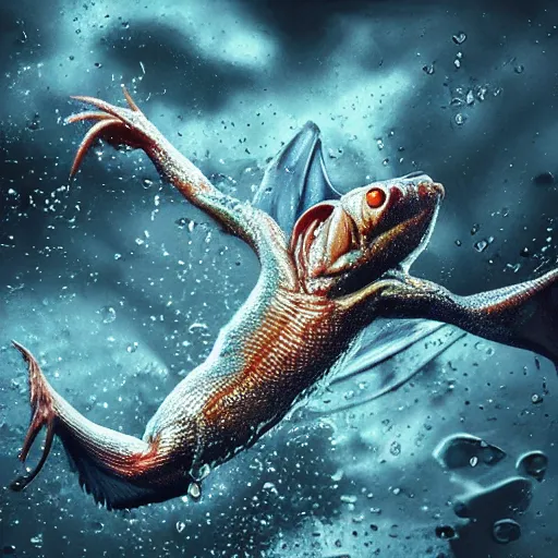 Prompt: fish with gollum face flying, rainy, lighting, dragon wings