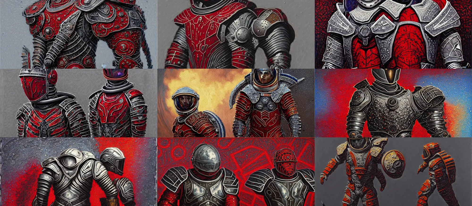 Prompt: battle scene, astronaut - gladiator!! fractal armor with girih bargello pattern, lorica segmentum, tonalist, symbolist, figurative, concept, chiaroscuro, grisaille, palette knife, heraldry, frenetic, stippling, shadows, luminous, sublime, edge lighting, payne's grey, venetian red