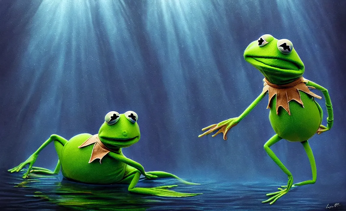 Prompt: epic professional digital art of kermit the frog underwater, faint blue moody atmospheric lighting, underwater octopod life, painted, intricate, detailed, foreboding, by leesha hannigan, wayne haag, reyna rochin, ignacio fernandez rios, mark ryden, iris van herpen,, epic, stunning, gorgeous, much wow, cinematic, masterpiece.