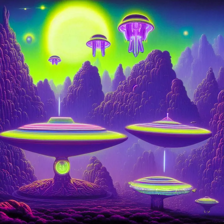 Image similar to mysterious ufo dieties hovering over magical crystal temple, psychic waves, synthwave, bright neon colors, highly detailed, cinematic, tim white, michael whelan, roger dean, bob eggleton, lisa frank, vladimir kush, kubrick, kimura, isono