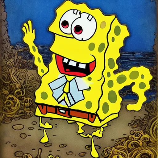 Prompt: spongebob roundpanrs portrait by rebecca guay in the style of a full sized magic the gathering art piece