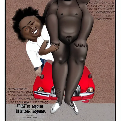 Image similar to a little black person rides on the shoulder's of a huge 7 ft tall 5 0 0 pound black man. hyperreal - h 6 4 0