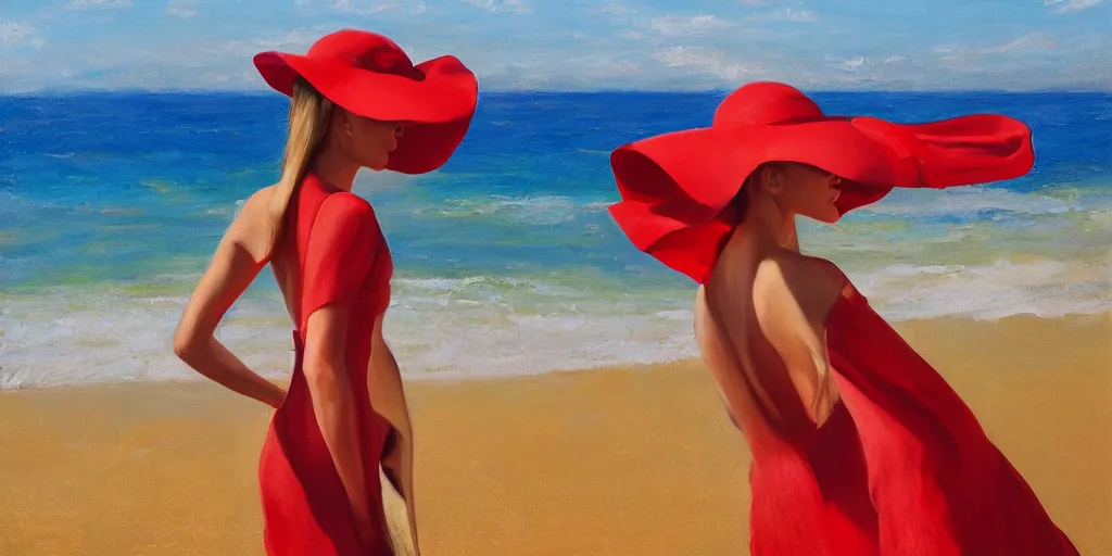 Image similar to beautiful oil matte portrait painting, young woman with red dress and mustard yellow summer hat at a beach on a sunny day, wonderful masterpiece highly detailed, beautiful cinematic light deep focus, elegant, digital painting, smooth, sharp focus, golden ratio, dramatic illumination, ultra realistic, 8 k, art by jimmy law