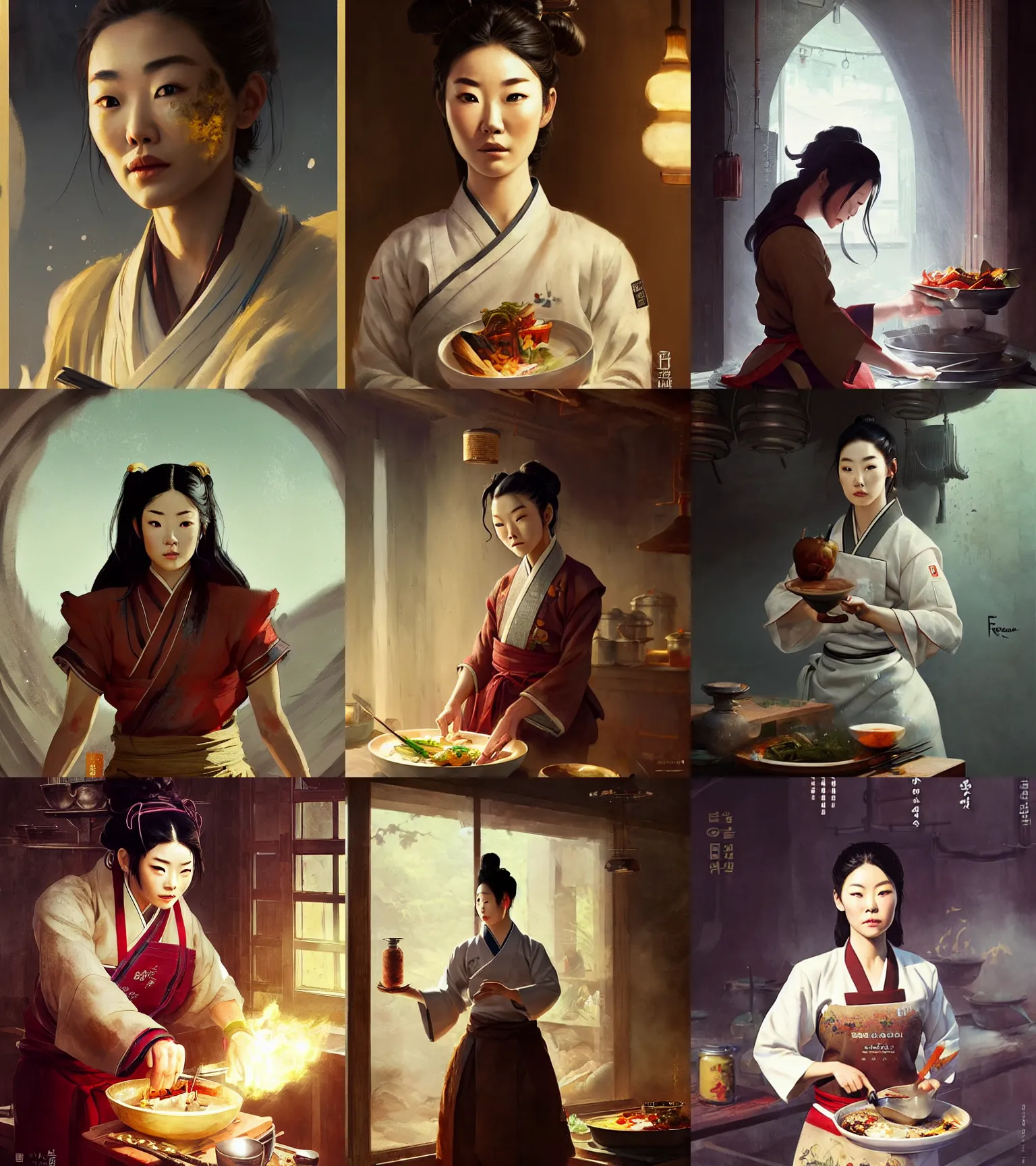 Prompt: a portrait of arden cho chef character in a scenic korean kitchen environment by marco bucci and greg rutkowski and frank frazetta, sharp focus, detailed, cinematic, korean color hanbok