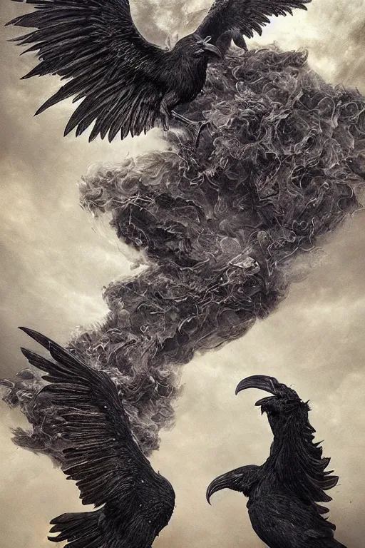 Prompt: Intricate stunning highly detailed surreal ravens by agostino arrivabene and Seb McKinnon, sculpture, ultra realistic, Horror, full moon, blood moon, thick black swirling particle smoke tornado, fire embers, trending on artstation