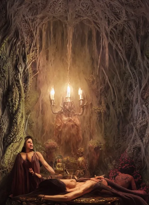 Prompt: inside covens den, diffuse lighting, fantasy epic effects, hdrp smoke, intricate facial detailing, highly detailed scenery, lifelike, photorealistic, sharp focus, digital painting, artstation, unreal 5, concept art, smooth, art by john collier and albert aublet and krenz cushart and artem demura and alphonse mucha