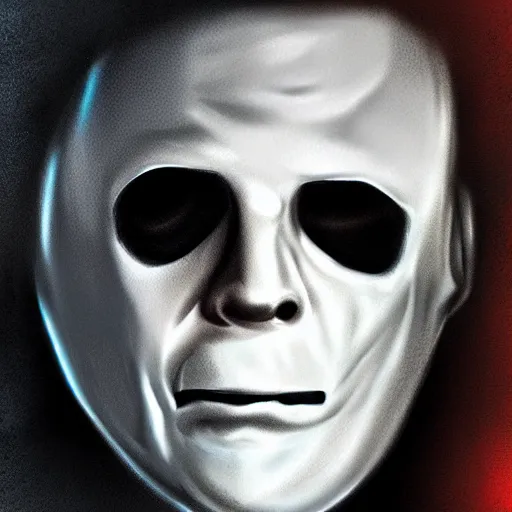 Image similar to close up of michael myers face emerging from dense fog, digital art