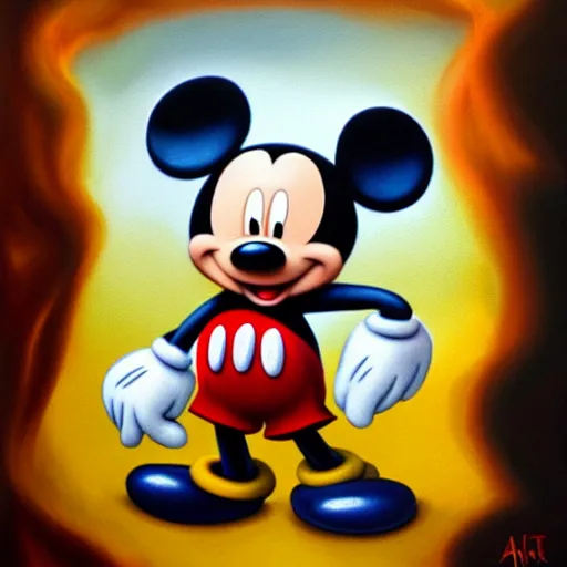 Image similar to mickey mouse in hell, oil painting, trending on artstation, renaissance, highly detailed, dynamic pose, gloomy