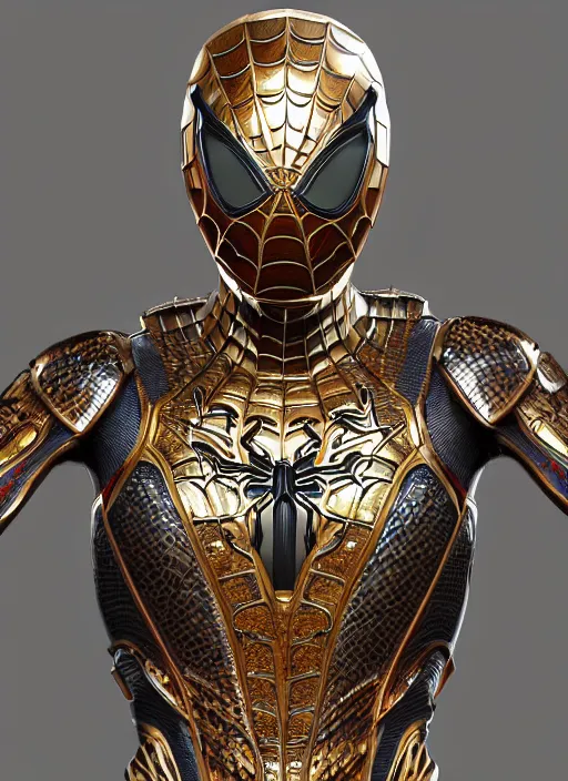 Image similar to hyper realistic glorious ancient celtic spiderman in a obsidian metal armor, futuristic design, designed by makoto kobayashi and luca zampriolo, portrait, cyberpunk style, wood and gold details, intricate, extremely detailed, ornate, deep of field, hard surface, exoskeleton, substance designer metal unreal engine. amazing likeness. very detailed.