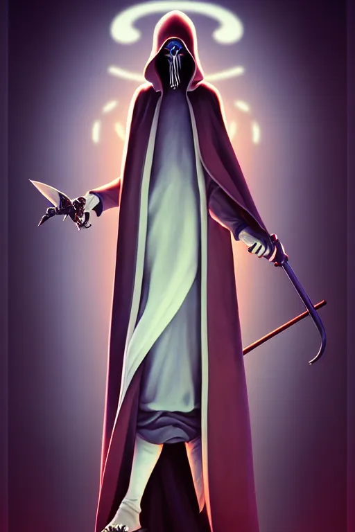 Image similar to video game cover, cartoon grim reaper dressed with a cape, intricate baroque style. by hsiao - ron cheng, by goro fujita, by octavio ocampo, masterpiece. intricate artwork, very coherent symmetrical artwork, cinematic, octane render, smooth gradients, high contrast. full body character, clean ink detailed line drawing