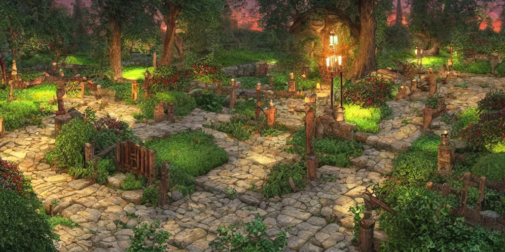 Prompt: medieval gardens at night, dead trees, bushes, thorns, stone pathways, stairs, ponds, gazebos, bridges, 3d model, miniature, iso, isometric view, gas lighting, stone and wood, dead tree, digital art, thomas kinkade, artgerm