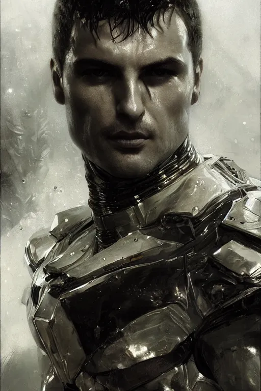 Image similar to sergey chaly closeup portrait futuristic fractal fightsuit gaston bussiere craig mullins j. c. leyendecker short wet hair richard avedon peter lindbergh monochrome studio lighting