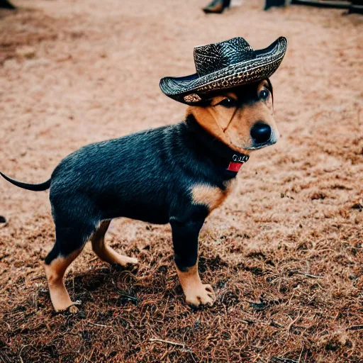 Image similar to a cute puppy wearing a cowboy hat, Canon EOS R3, f/1.4, ISO 200, 1/160s, 8K, RAW, unedited, symmetrical balance, in-frame