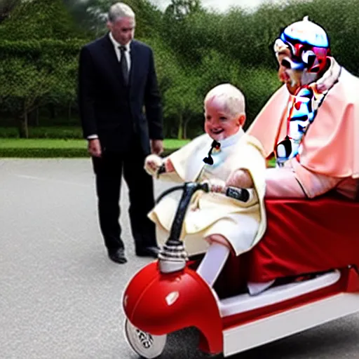 Image similar to the pope riding a childs tricycle