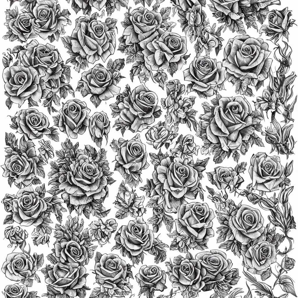 Prompt: beautiful decorative classical ornamental tattoo flash sheet, fibonacci rhythms, roses, lilies, rose petals, lily petals, acanthus scrolls, highly detailed etching, bilaterally symmetrical, small medium and large elements