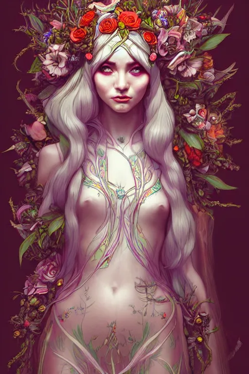 Image similar to digital art, centered full body elven bride, vivid flower crown ,intricate, veins, by James Jean and by artgerm , ultradetailed, charachter design, concept art, trending on artstation,