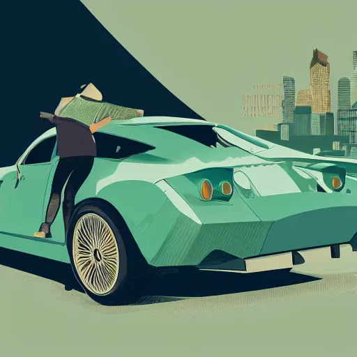 Prompt: people looking at a car, intricate, elegant, highly detailed, vector illustration, artstation, concept art, smooth, sharp focus, illustration, art by wlop, tom whalen, sea green color theme