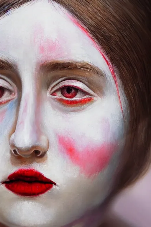 Prompt: hyperrealism close-up portrait of young beautiful nun with red paint on face, soft colors, in style of classicism