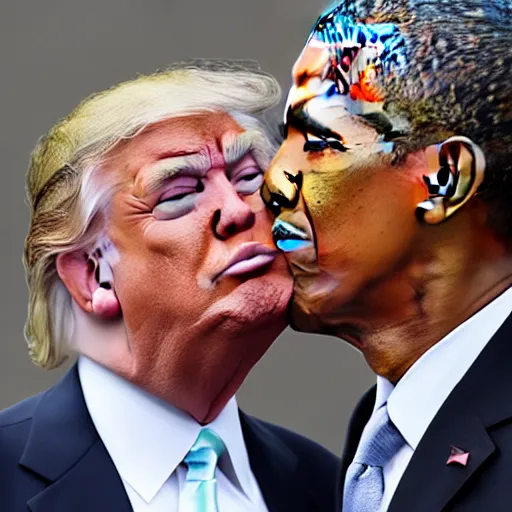 Image similar to donald trump and barrack obama kissing, 4k, photo, realistic,