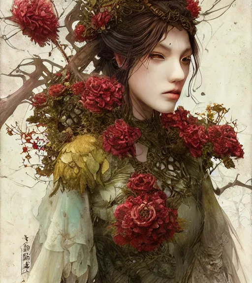 Prompt: portrait of the supreme queen of the blood cult, surrounded overgrowth and flowers 🍂 by Akihiko Yoshida, Yoshitaka Amano,Marc Simonetti, karol bak, WLOP, James Jean, tom bagshaw, rococo, trending on artstation, fantasy magic fashion girl portrait, glossy eyes, face, fantasy, elegant, highly detailed, digital painting, concept art, smooth, sharp focus, illustration, cinematic lighting, hyper realism, octane render, 8k, hyper detailed.