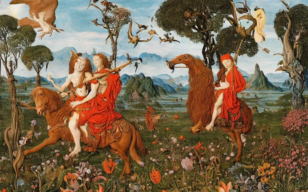 Image similar to a portrait photograph of a meditating harpy and a centaur king riding eagles and hugging animals at a river delta. surrounded by bulbous flowers, animals and trees. mountains range under a blue sky of burning stars. painted by jan van eyck, max ernst, ernst haeckel and ernst fuchs, cgsociety, artstation, fashion editorial, 8 k