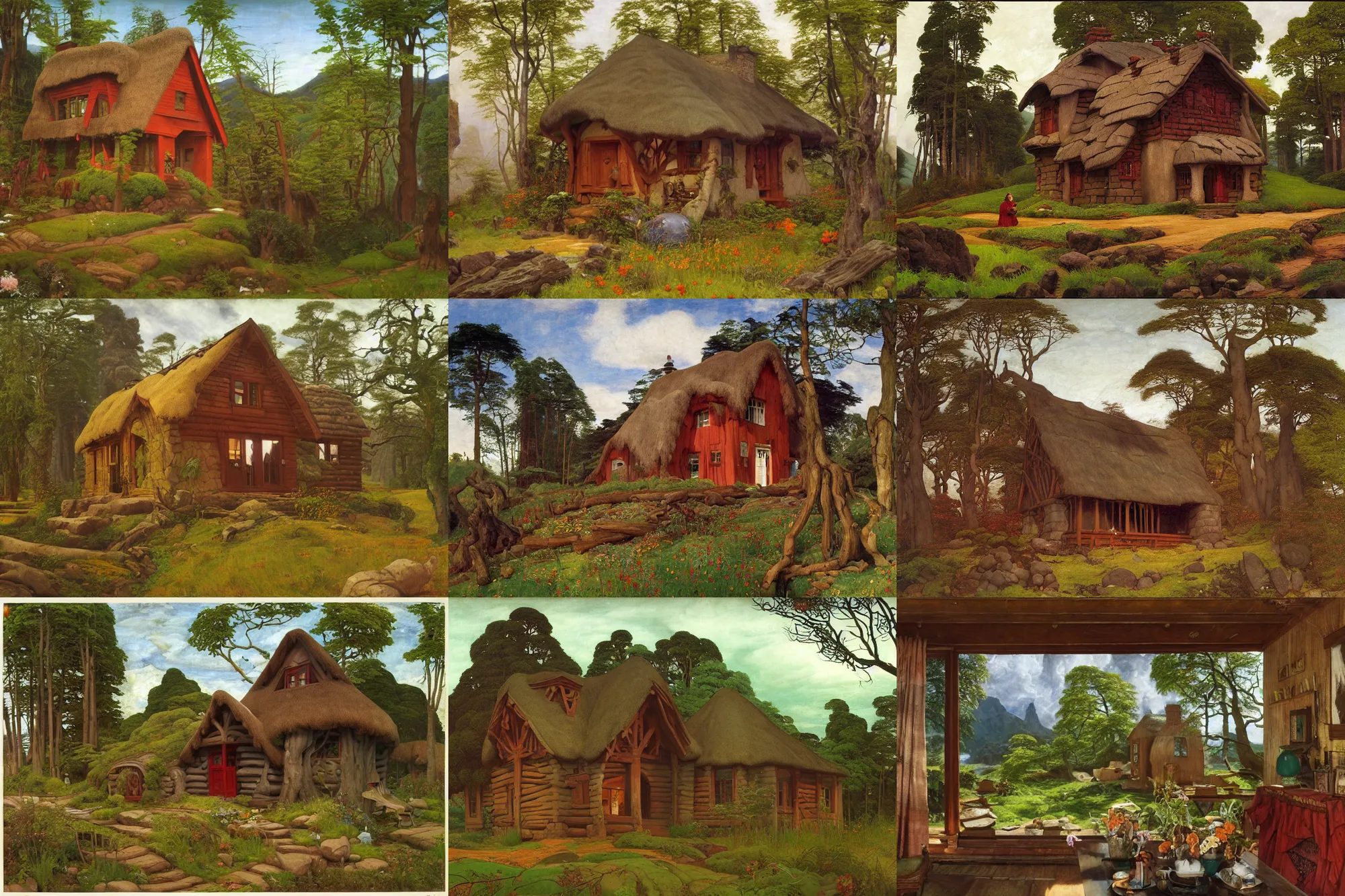 Prompt: the cottage of a wise woman in a forest clearing, dramatic cinematic lighting, folk-art carved painted wood house, rich colors, by William Dyce and ford madox brown and April Gornik and Caspar David Friedrich and Diego Rivera and Tyler Edlin and Nicholas Roerich