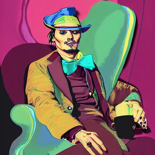 Image similar to Johnny Depp is covered in a blanket and drinking tea in Willy Wonka's Chocolate Factory, Illustration, Colorful, by Liu Wei