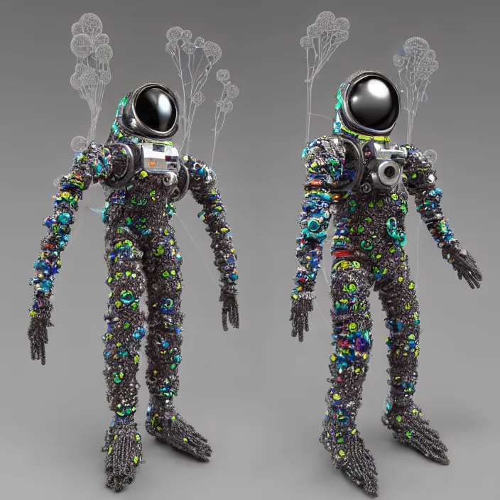 Image similar to a cybernetic symbiosis of a single astronaut mech-organic eva suit made of pearlescent wearing anodized thread knitted shiny ceramic multi colored yarn thread infected with kevlar,ferrofluid drips,carbon fiber,ceramic cracks,gaseous blob materials and diamond 3d fractal lace iridescent bubble 3d skin dotted covered with orb stalks of insectoid compound eye camera lenses orbs floats through the living room, film still from the movie directed by Denis Villeneuve with art direction by Salvador Dalí, wide lens,