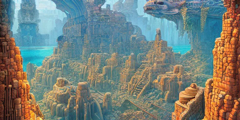 Image similar to a beautiful painting of the lost city of atlantis by amir zand, mœbius, and dan mumford ; moebius, jean giraud, trending on artstation, conceptartworld, hd, 8 k, 4 k, high def