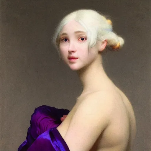 Prompt: a young woman's face, her hair is white and she wears an deep purple satin cloak, by ivan aivazovsky and syd mead and moebius and gaston bussiere and roger dean and pieter claesz and paul delaroche and alma tadema and aelbert cuyp and willem claesz, hyperrealistic, volumetric light, octane render