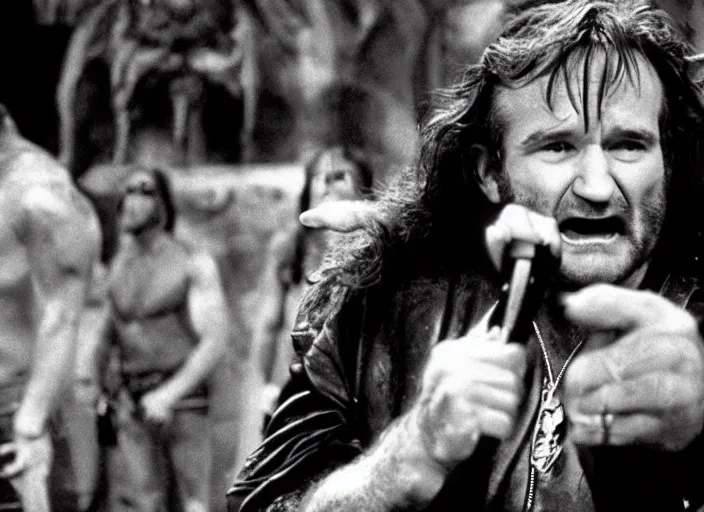 Prompt: promotional image of robin williams in a heavy metal band in a movie from 1978, rugged black clothes, detailed face, movie still frame, promotional image, imax 70 mm footage