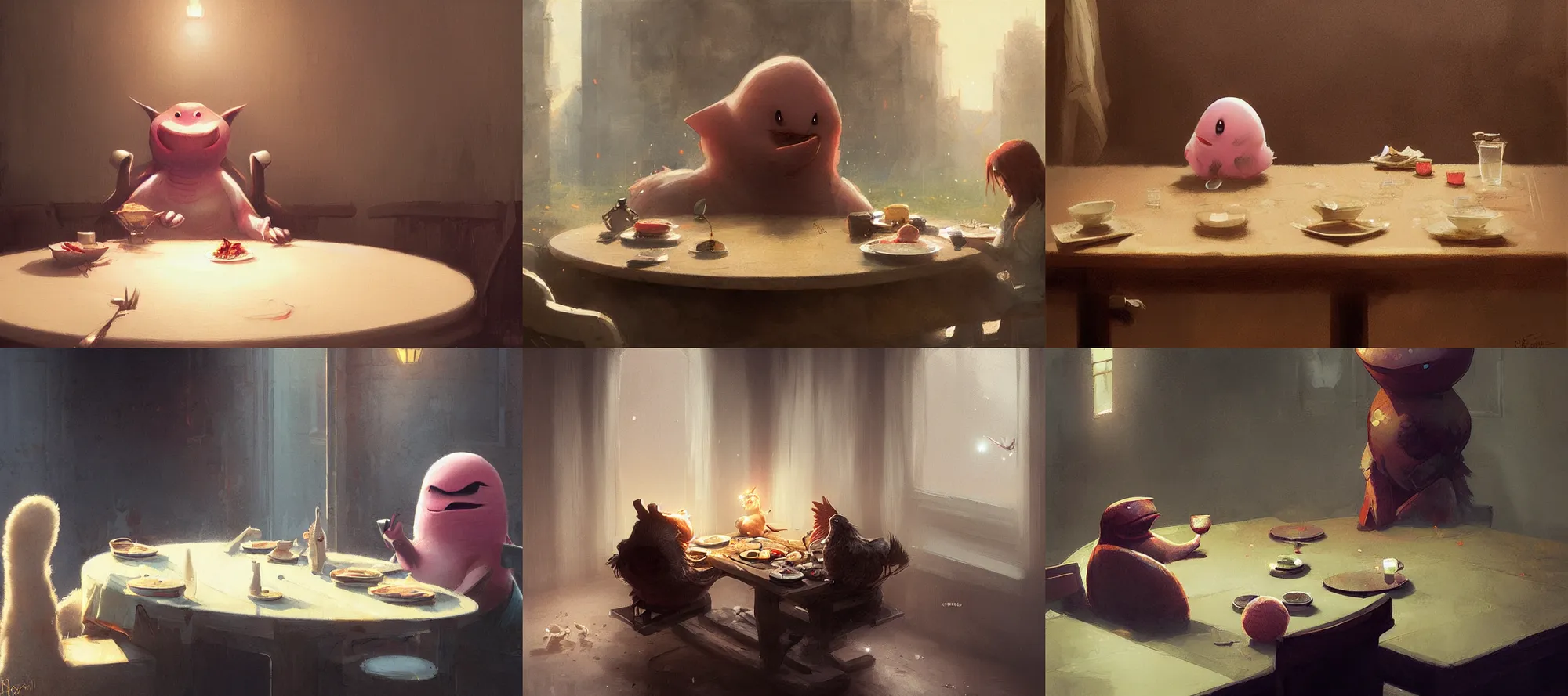 Prompt: chansey eating dinner at a table happiness is temporary by greg rutkowski