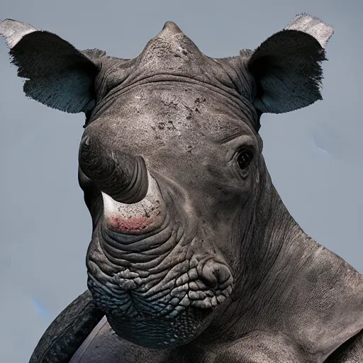 Image similar to A portrait shot of a warrior rhinoceros, highly detailed, photorealism, zbrush sculpt, substance painter, texturing XYZ, Subsurface scattering, cinematic lighting, Unreal engine 5, octane render, cinema4d, vray, redshift, keyshot, Arnold render, marmoset toolbag,