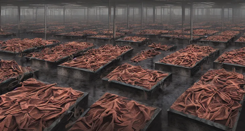 Image similar to illustration of rows of limp bodies hanging on display in a cold warehouse, refrigerated storage facility, rolling fog, cyberpunk, dystopian, dramatic lighting, unreal engine 5, colorful