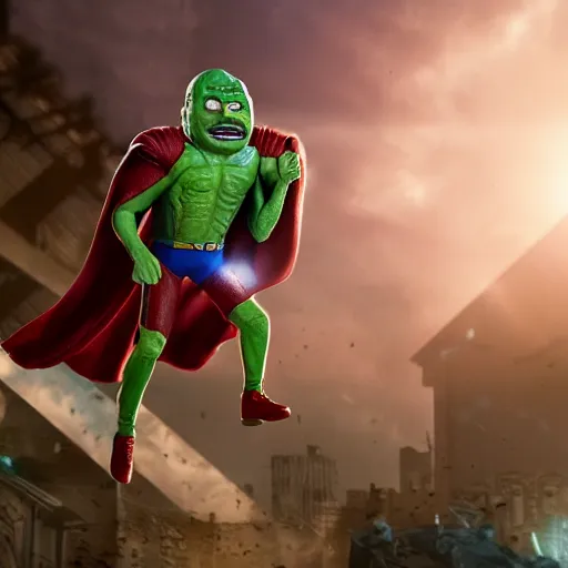 Image similar to pickle rick as superman! flying in ( gears of war ), splash art, movie still, detailed face, photo realistic facial features, cinematic lighting, dramatic, octane render, long lens, shallow depth of field, bokeh, anamorphic lens flare, 8 k, hyper detailed, 3 5 mm film grain