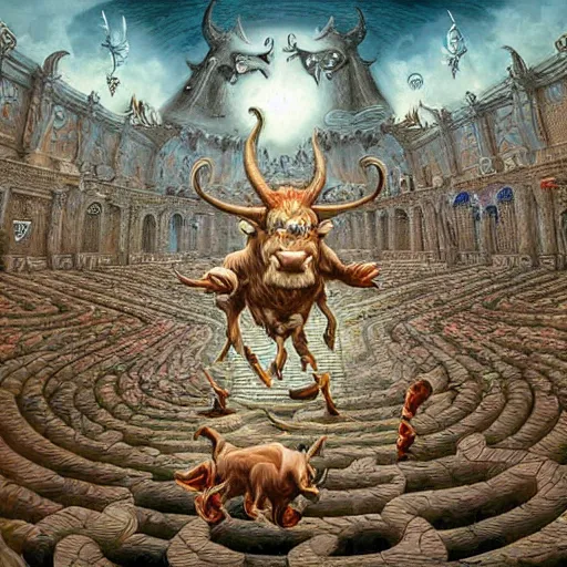 Image similar to a hyper realistic painting of a minotaur chasing people in a labyrinth, by joe fenton, highly detailed, vivid color,