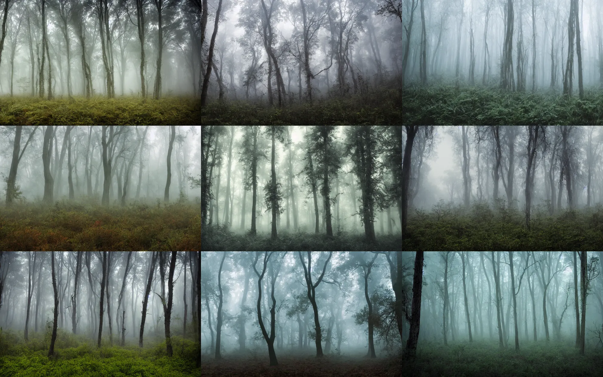 Prompt: alien planet landscape wild foggy forest